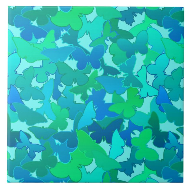 Flock of Butterflies,Turquoise, Aqua and Sky Blue Tile (Front)