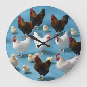 Flock of Chicks and Cockerels Large Clock