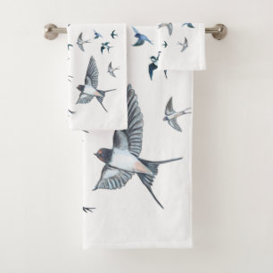 Flock Of Flying Swallow Birds Illustration Bath Towel Set
