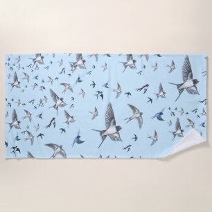 Flock Of Flying Swallow Birds Illustration Beach Towel