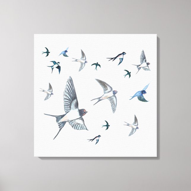 Flock Of Flying Swallow Birds Illustration Canvas Print (Front)
