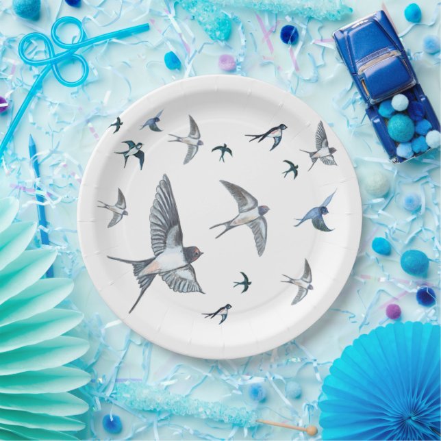 Flock Of Flying Swallow Birds Illustration Paper Plate (Party)