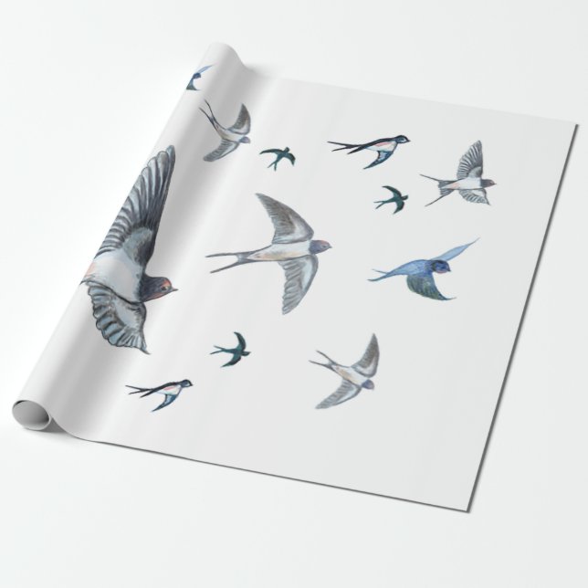 Flock Of Flying Swallow Birds Illustration Wrapping Paper (Unrolled)
