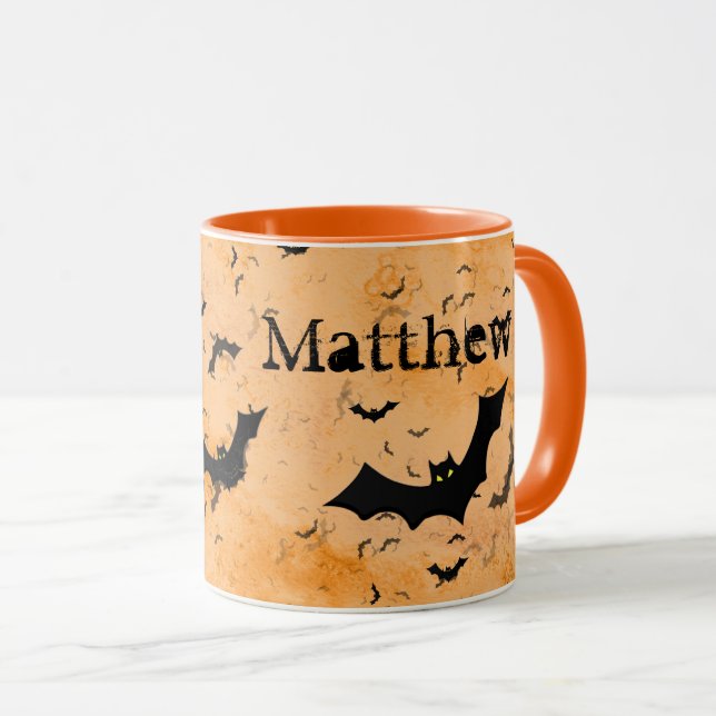 Flock of Halloween Bats, Your Name  on Orange Mug (Front Right)
