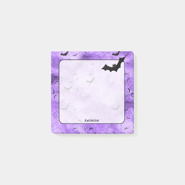 Flock of Halloween Bats Your Name on Purple Grunge Post-it Notes (Front)