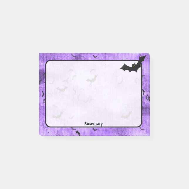 Flock of Halloween Bats Your Name on Purple Grunge Post-it Notes (Front)
