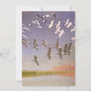 Flock of Ibis Flying Over Wetlands, Vintage Birds