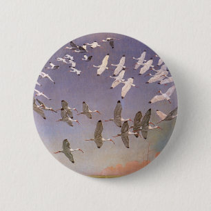 Flock of Ibis Flying Over Wetlands, Vintage Birds 2 Inch Round Button