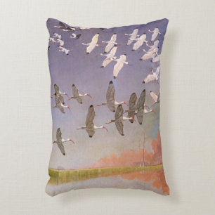 Flock of Ibis Flying Over Wetlands, Vintage Birds Accent Pillow
