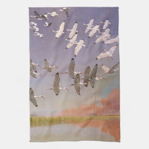 Flock of Ibis Flying Over Wetlands, Vintage Birds Kitchen Towel