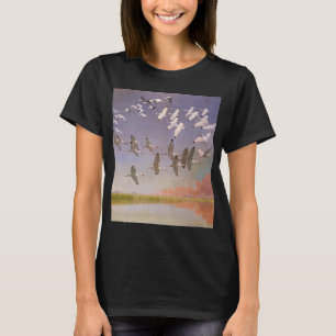Flock of Ibis Flying Over Wetlands, Vintage Birds T-Shirt