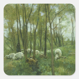 Flock of sheep in a forest, Anton Mauve Square Sticker