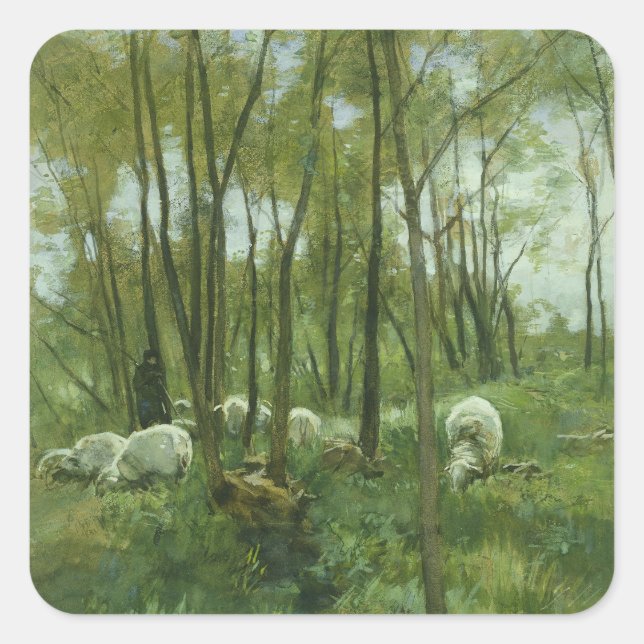 Flock of sheep in a forest, Anton Mauve Square Sticker (Front)