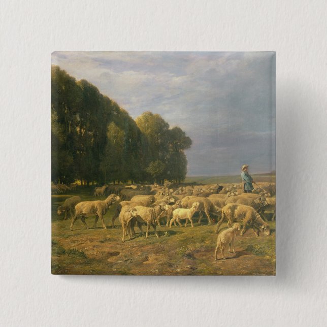 Flock of Sheep in a Landscape 2 Inch Square Button (Front)