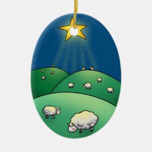 Flock of Sheep under Christmas Star Ceramic Ornament