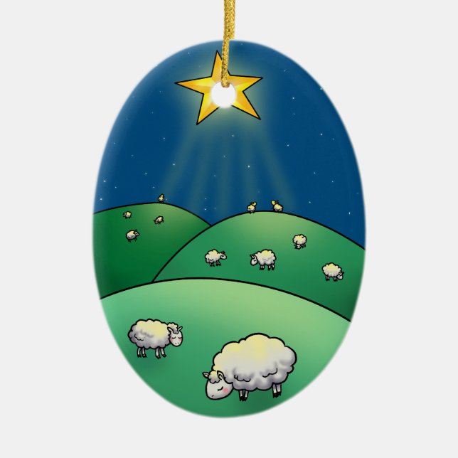 Flock of Sheep under Christmas Star Ceramic Ornament (Front)
