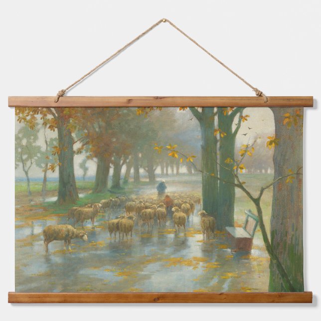 Flock of Sheep with Shepherdess on a Rainy Day Hanging Tapestry (Front)