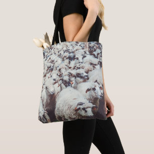Flock of white & black sheep tote bag