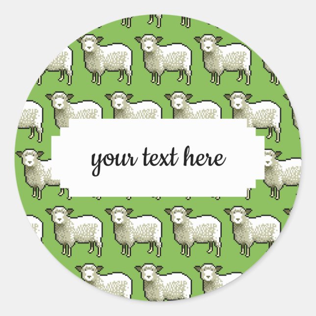 Flock Of Woolly White Sheep Pixel Art Pattern Classic Round Sticker (Front)