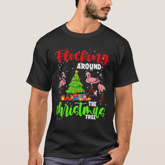 Flocking Around The Christmas Tree Xmas Santa Elf T-Shirt (Front)