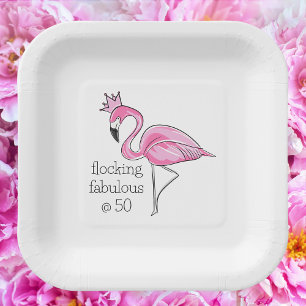 Flocking Fabulous at Fifty Crowned Pink Flamingo Paper Plate