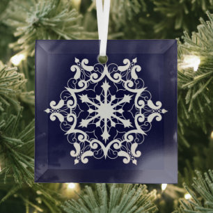 Flocon De Neige Blanc Sur Ornement En Verre Bleu F