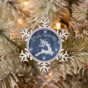 Flocon De Neige Bleu Rustique Noël Reindeer Snowflake Ornement