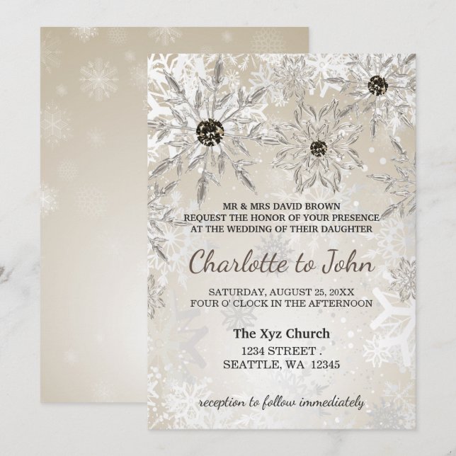 flocon d'or argenté invitation de mariage d'hiver (Devant / Derrière)