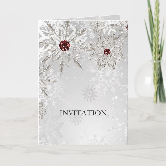 flocon rouge argent invitation de mariage d'hiver (Devant)