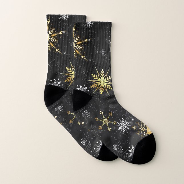 Flocons de neige dorés de Noël sur fond noir (Paire)