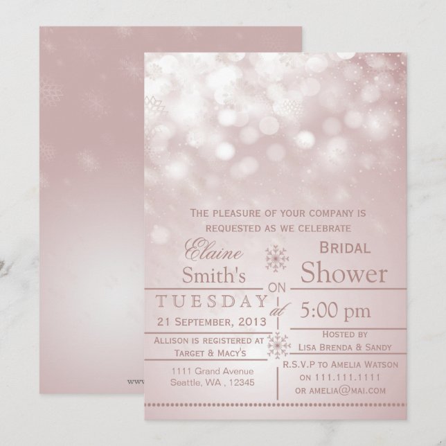 flocons de neige rose Invitation de la douche nupt (Devant / Derrière)