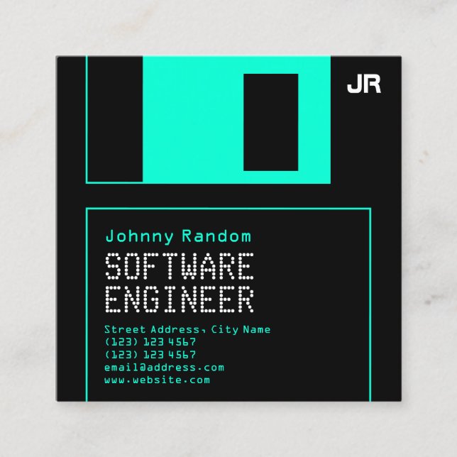 Floppy disc black cyan retro style  square business card (Front)