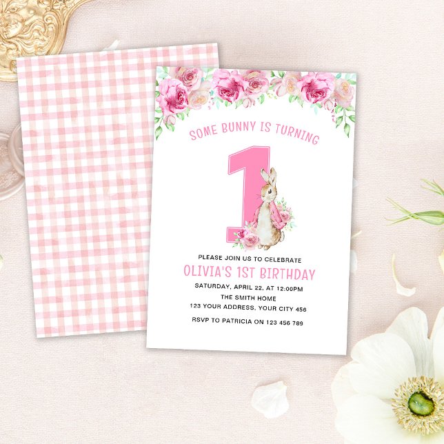Flopsy Rabbit 1st Birthday Pink Floral Invitation (Creator Uploaded)