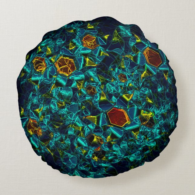 Flor virtual em azul gradiente, estilhaçada round pillow (Back)