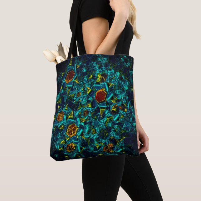 Flor virtual em azul gradiente, estilhaçada tote bag (Close Up)