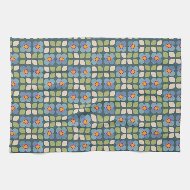 Flora Blush - Blue and Green Botanical Tea Towel  (Horizontal)