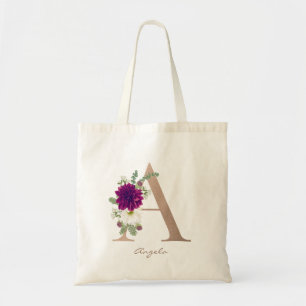 Flora Bouquet Monogram Letter A Bridesmaid Tote Bag