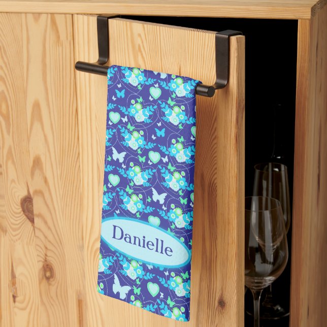 Flora butterflies & hearts blue custom name kitchen towel (Thirds Fold)
