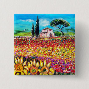 FLORA IN TUSCANY/ Fields ,Poppies and Sunflowers 2 Inch Square Button