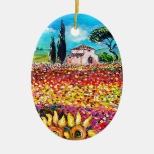 FLORA IN TUSCANY/ Fields ,Poppies and Sunflowers Ceramic Ornament