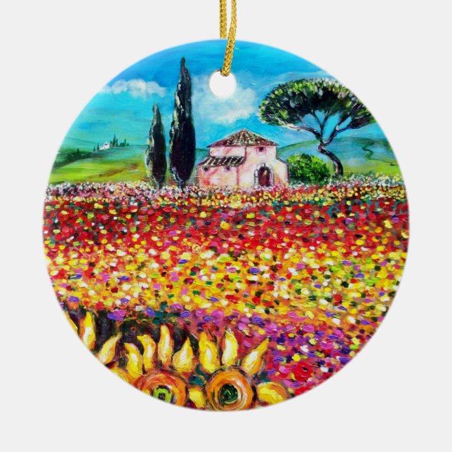 FLORA IN TUSCANY/ Fields ,Poppies and Sunflowers Ceramic Ornament (Front)