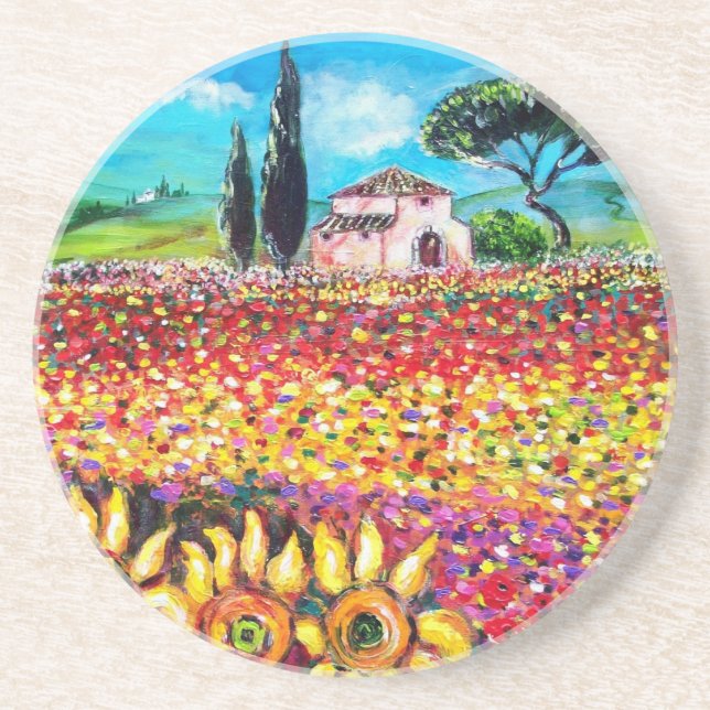 FLORA IN TUSCANY/ Fields ,Poppies and Sunflowers Coaster (Front)