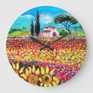 FLORA IN TUSCANY/ Fields ,Poppies and Sunflowers Large Clock