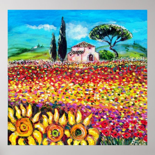 FLORA IN TUSCANY/ Fields ,Poppies and Sunflowers Poster (Front)