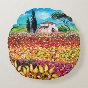 FLORA IN TUSCANY/ Fields ,Poppies and Sunflowers Round Pillow