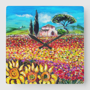 FLORA IN TUSCANY/ Fields ,Poppies and Sunflowers Square Wall Clock