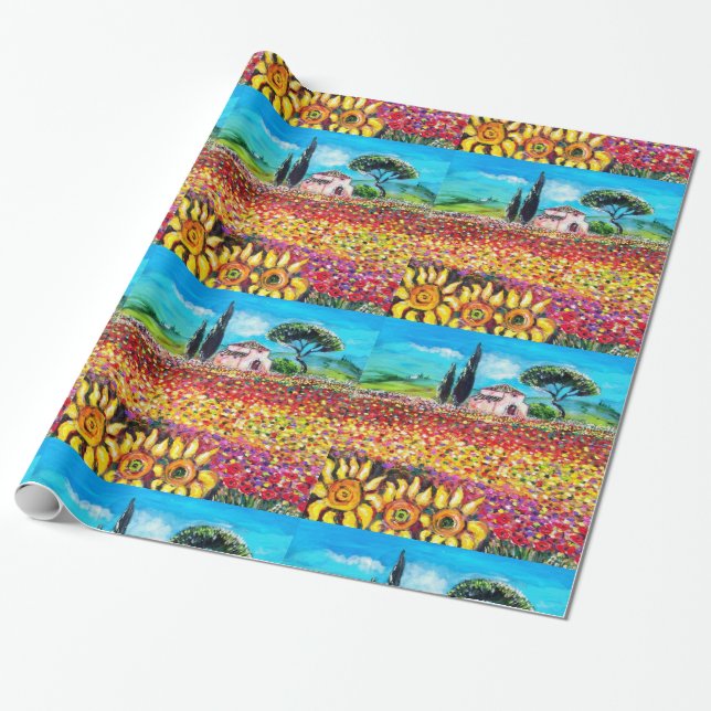 FLORA IN TUSCANY/ Fields ,Poppies and Sunflowers Wrapping Paper (Unrolled)