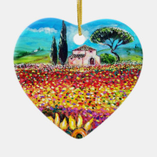 FLORA IN TUSCANY/ Poppies and Sunflowers ,heart Ceramic Ornament