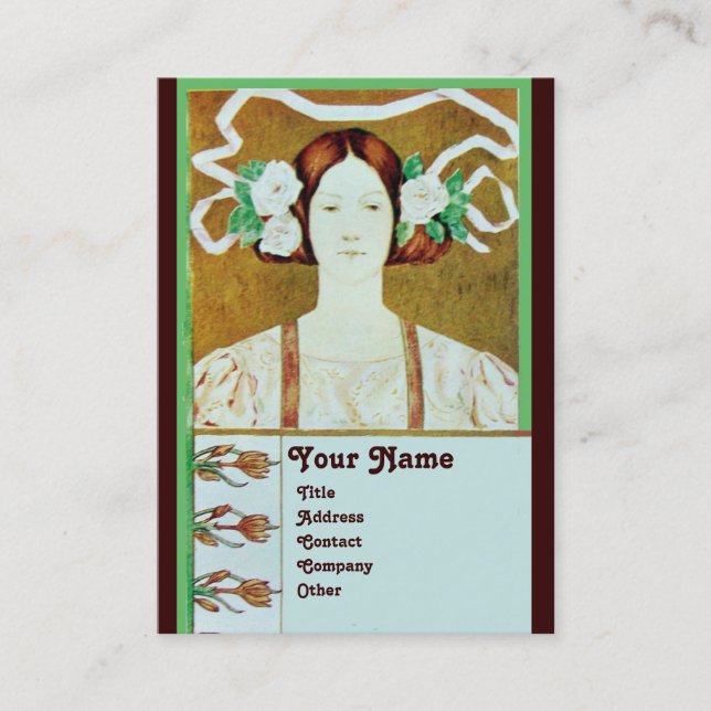 FLORA/LADY WITH WHITE ROSES MONOGRAM BUSINESS CARD (Front)
