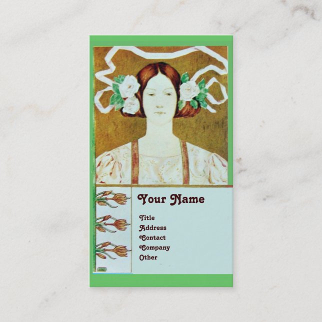 FLORA/LADY WITH WHITE ROSES MONOGRAM BUSINESS CARD (Front)